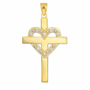Solid 10k Yellow Gold Cross 0.08 CTW Diamond Heart Pendant Necklace