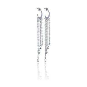 Sterling Silver 925 Rhodium Plated Moon Shape Multi Wire Dangling Star Earrings