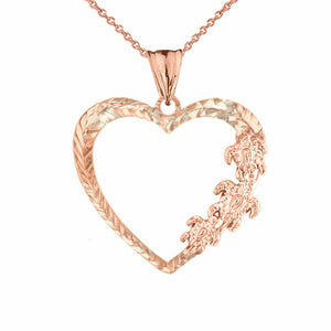 14k Solid Rose Gold Honu Hawaiian Turtles Heart Pendant Necklace