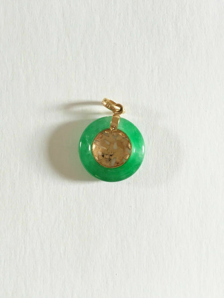Small 14K Solid Yellow Gold Round Green Jade Chinese Symbol Luck Pendant Charm