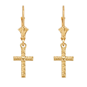 14k Yellow Gold Swirl Twirl Design Heart Cross Drop / Dangle Leverback Earrings