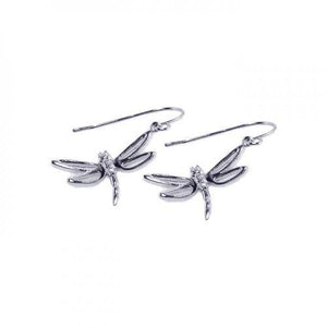 925 Sterling Silver Rhodium Plated Dragonfly CZ Hook Earrings