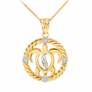 Solid 10k Real Gold Diamonds Lucky Hawaiian Honu Sea Turtle Pendant Necklace