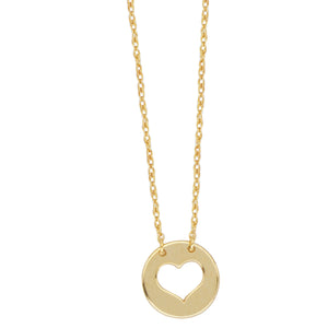 14K Yellow Gold Mini Disk-Cut Out Heart Necklace with Rope Chain