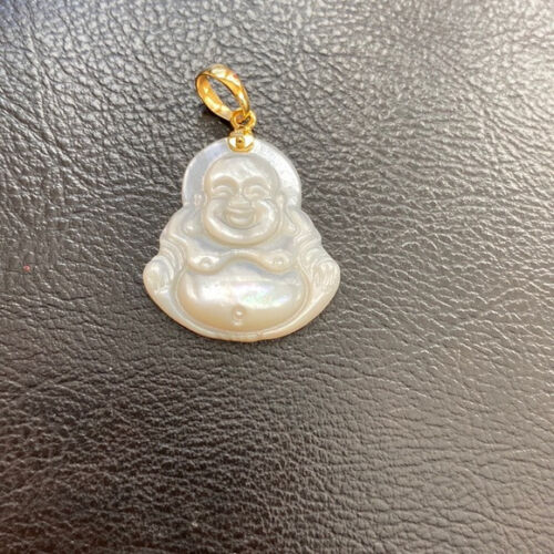 14K Solid Yellow Gold Carved Happy Laughing Buddha Shell Pearl Religious Pendant