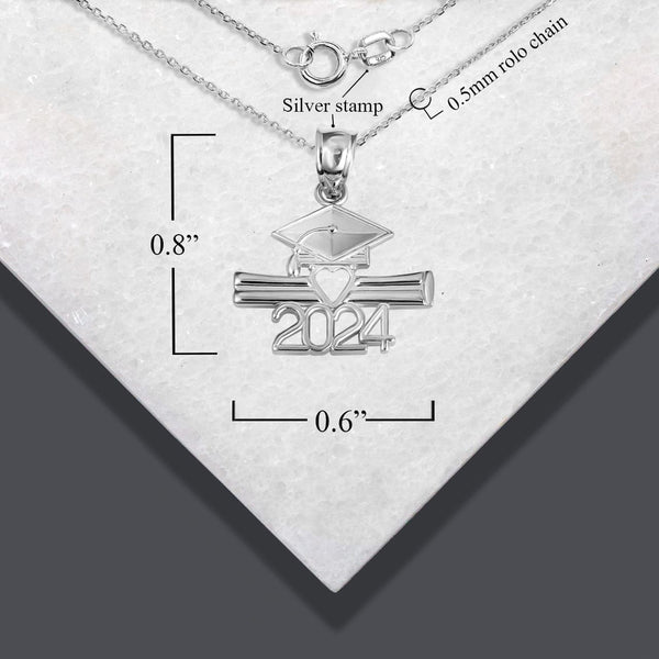 925 Sterling Silver Class of 2024 Graduation Diploma Cap Heart Pendant Necklace