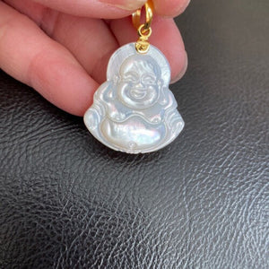 14K Solid Yellow Gold Carved Happy Laughing Buddha Shell Pearl Religious Pendant