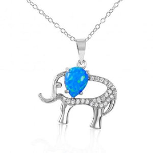 925 Sterling Silver Rhodium Plated Elephant w CZ & Synthetic Blue Opal Necklace