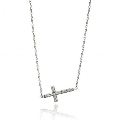 925 Sterling Silver Rhodium Plated Sideways Cross CZ Necklace