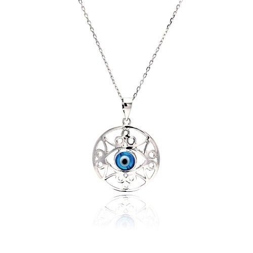 925 Sterling Silver Rhodium Open Outline Disc Evil Eye CZ Necklace Necklace