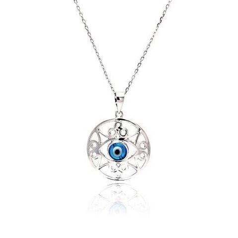 925 Sterling Silver Rhodium Open Outline Disc Evil Eye CZ Necklace Necklace