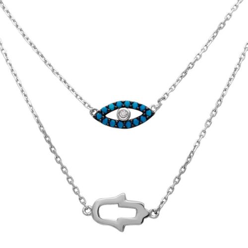 925 Sterling Silver Rhodium Plated Hamsa Hand and Evil Eye Necklace