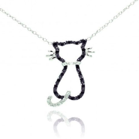 925 Sterling Silver Rhodium Plated Open Cat Black & Clear CZ Necklace