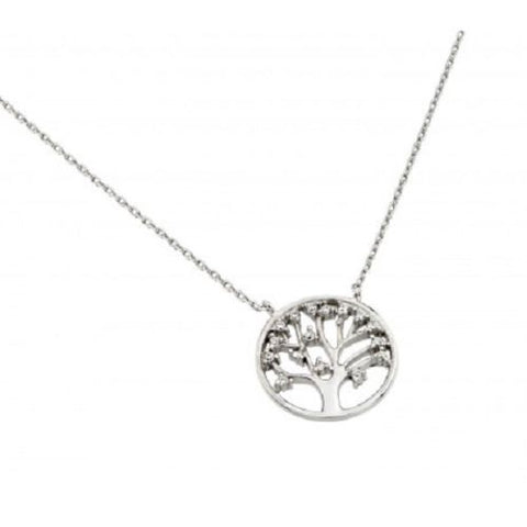 925 Sterling Silver Rhodium Plated Clear CZ Round Tree Necklace