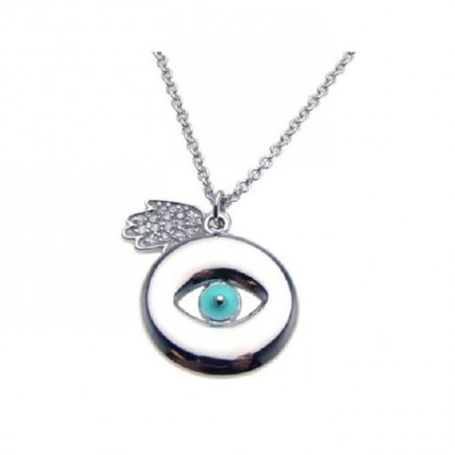 925 Sterling Silver Rhodium Plated Clear CZ Evil Eye Hamsa Pendant Necklace