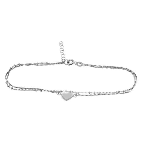 925 Sterling Silver Rhodium Plated Double Strand Heart Anklet