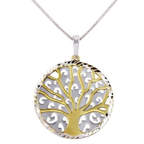 925 Sterling Silver Two-Toned Round Tree Pendant Necklace
