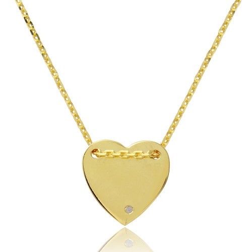 925 Sterling Silver Gold Plated Engravable Heart Shaped Necklace with CZ