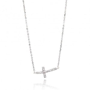 925 Sterling Silver Sideways Cross CZ Necklace
