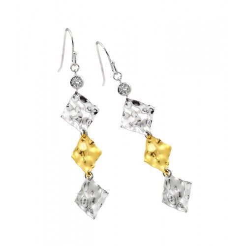 925 Sterling Silver Rhodium Plated Gold and Clear Square Dangling Hook Earrings