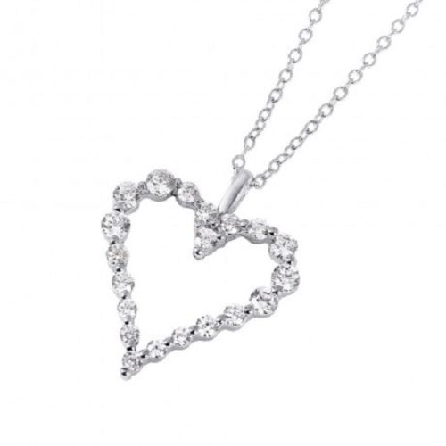 925 Sterling Silver Rhodium Plated Open Heart CZ Pendant Necklace