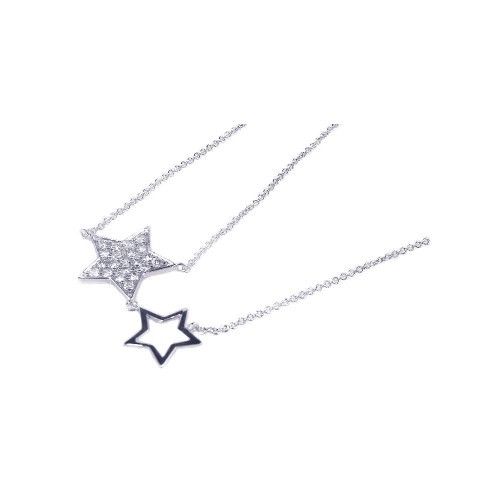 925 Sterling Silver Rhodium Plated Open and Closed Star CZ Inlay Necklace