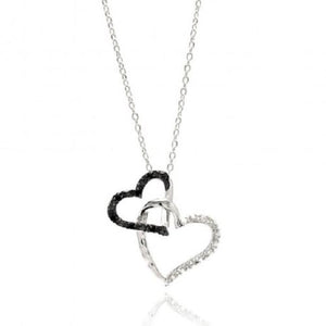 925 Sterling Silver Rhodium Plated Double Open Heart Black & Clear CZ Necklace