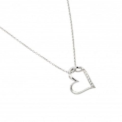 925 Sterling Silver Rhodium Plated Slanted Heart Pendant Necklace