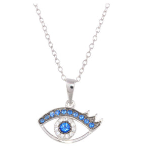 925 Sterling Silver Small Evil Eye Pendant Necklace with Clear and Blue CZ