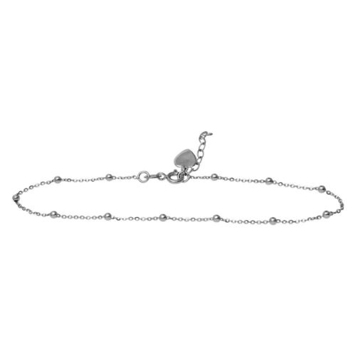925 Sterling Silver Rhodium Plated DC Beads and Heart Anklet