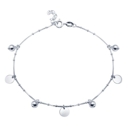 925 Sterling Silver Rhodium Plated Round and Flat Circle Charm Anklet