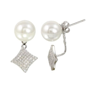 925 Sterling Silver Rhodium Plated Synthetic Pearl Front and Back Earrings