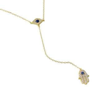 925 Sterling Silver Gold Plated Evil Eye with Dropped Hamsa and CZ Necklace