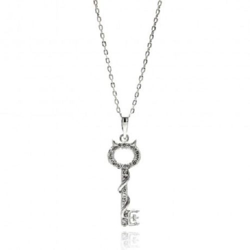 925 Sterling Silver Rhodium Plated Open Key CZ Necklace
