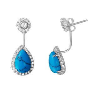 925 Sterling Silver CZ Flower with Hanging Turquoise Pears Earrings