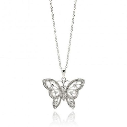 Rhodium Plated Brass Butterfly Clear CZ Pendant Necklace