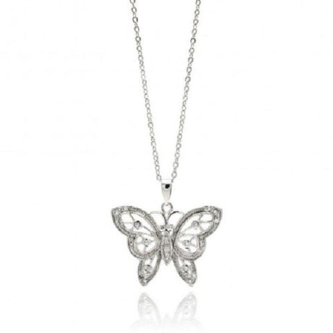 Rhodium Plated Brass Butterfly Clear CZ Pendant Necklace