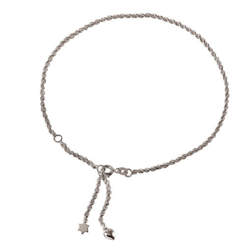 925 Sterling Silver Rope Chain Anklet with Dangling Star and Heart