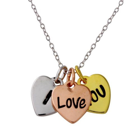 925 Sterling Silver Tri-Color Plated I Love YOU Heart Necklace