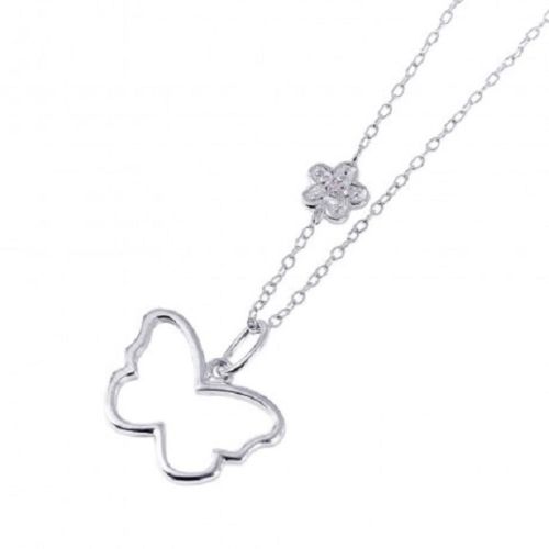 925 Sterling Silver Rhodium Plated Open Butterfly with Flower CZ Necklace