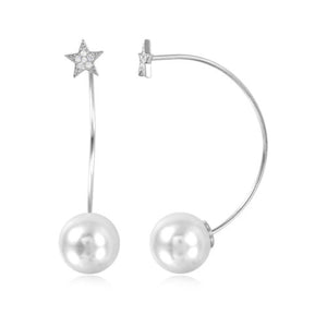 925 Sterling Silver Rhodium Plated Star Earrings with Hanging Synthetic Pearl