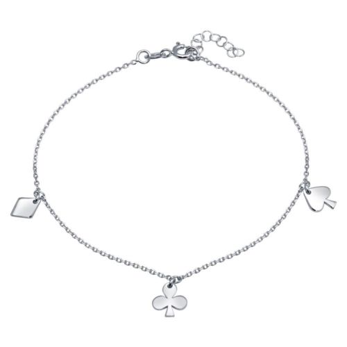 925 Sterling Silver Rhodium Plated Diamond, Clover, and Spade Charm Anklet