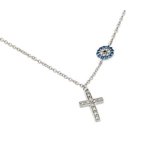 925 Sterling Silver Rhodium Plated Clear CZ Stone Cross with Blue CZ Circle Necklace