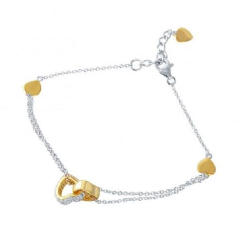 925 Sterling Silver Rhodium Plated CZ Gold Hearts Charm Bracelet