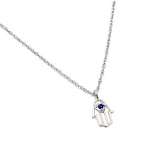 925 Sterling Silver Rhodium Plated Blue Hamsa Pendant Necklace
