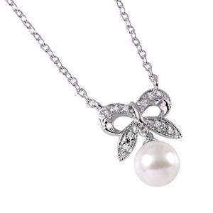 925 Sterling Silver Rhodium Plated CZ Encrusted Bow with Hanging Synthetic Pearl Necklace