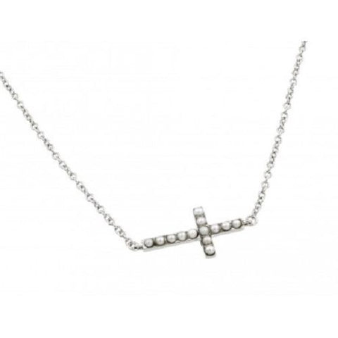 925 Sterling Silver Rhodium Plated Sideways Cross with Pearls Pendant
