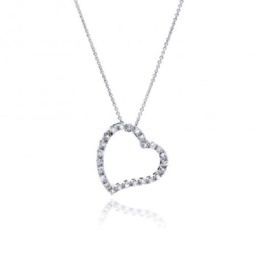 925 Sterling Silver Clear Rhodium Plated Heart Necklace