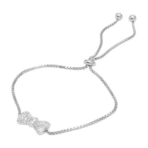 925 Sterling Silver Rhodium Plated Bow Tie Lariat Bracelet with CZ