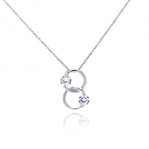 925 Sterling Silver Rhodium Plated Two Ring Two Round CZ Necklace